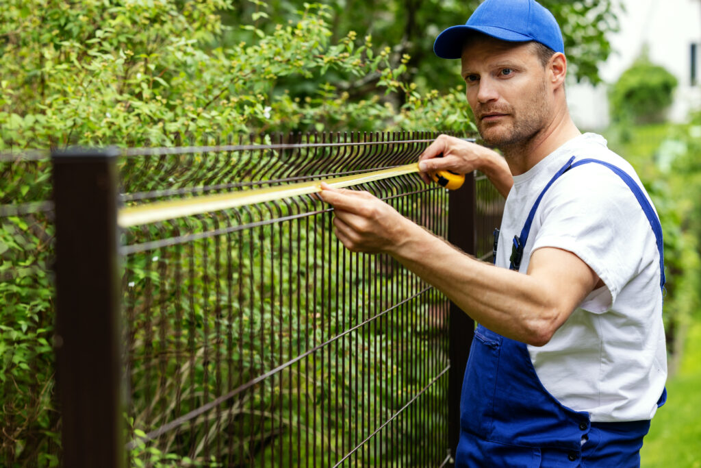 fencing services. worker taking measurements with measuring tape