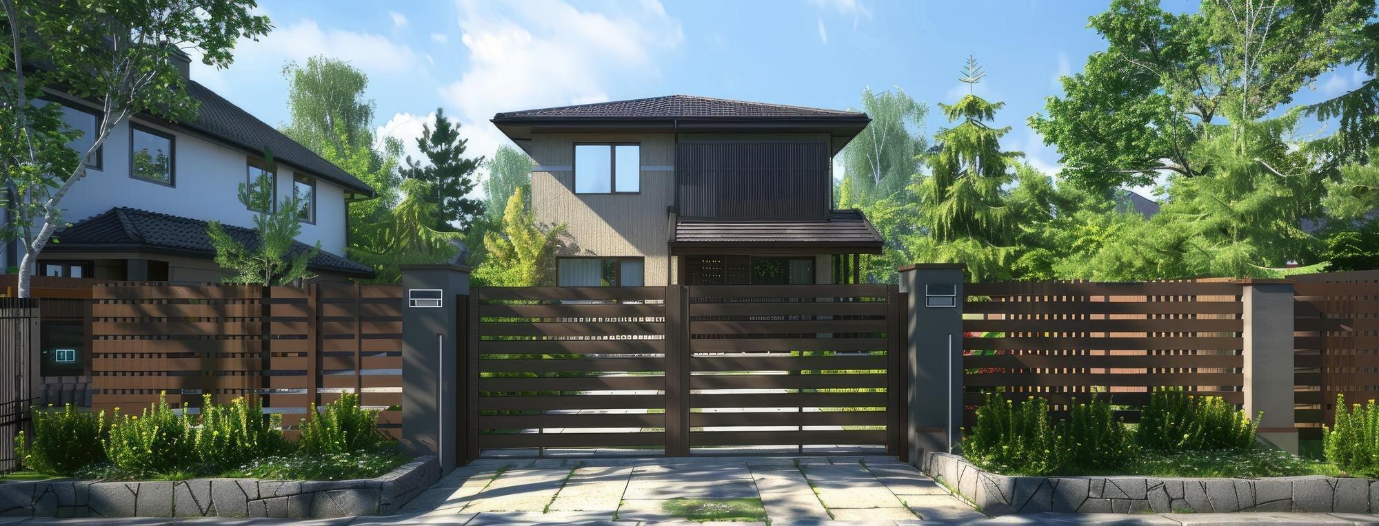 A Gray Twostory House Nestled Behind A Protective