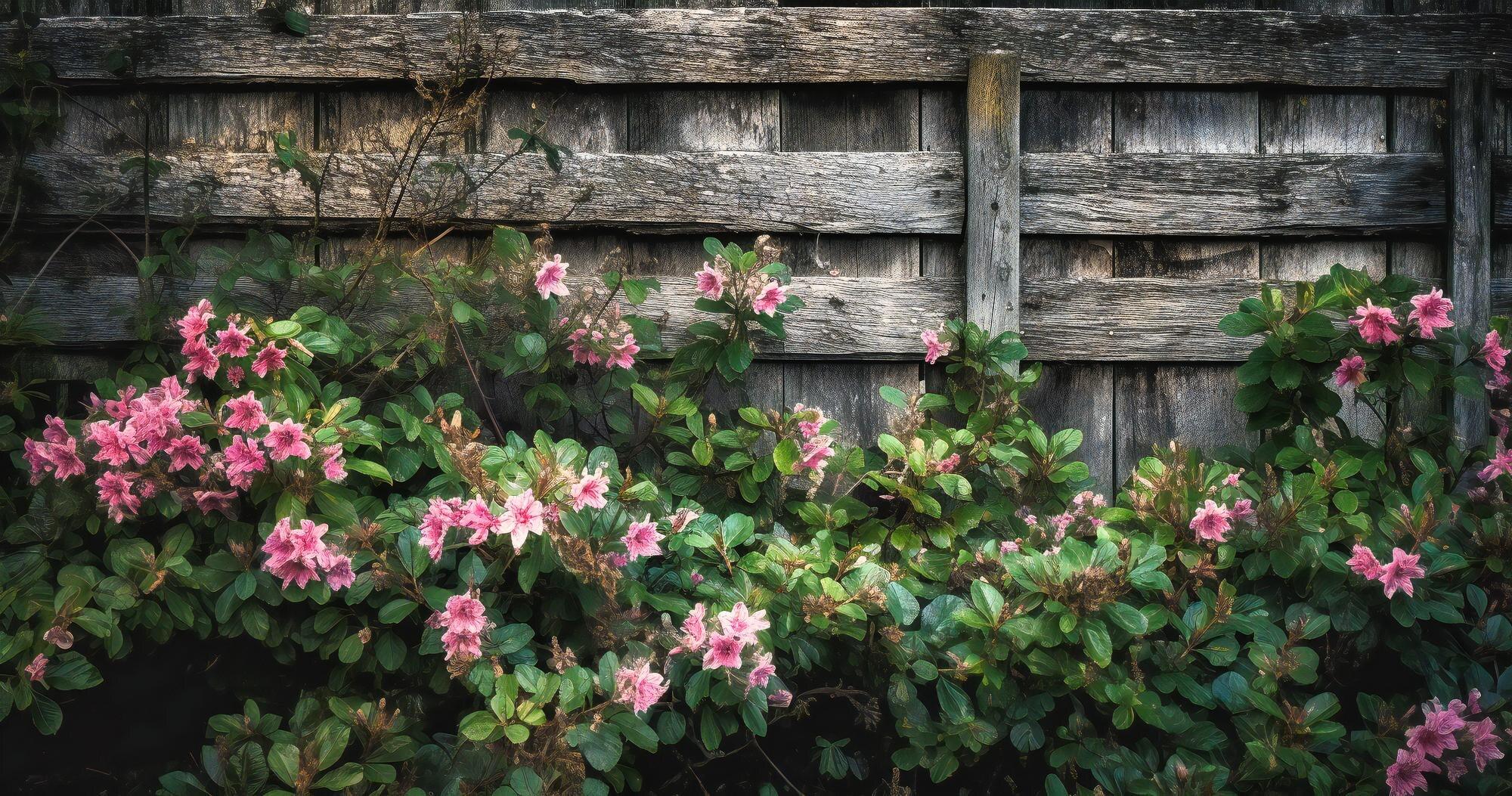 A Wooden Wall With Pink Flowers And Green Leaves