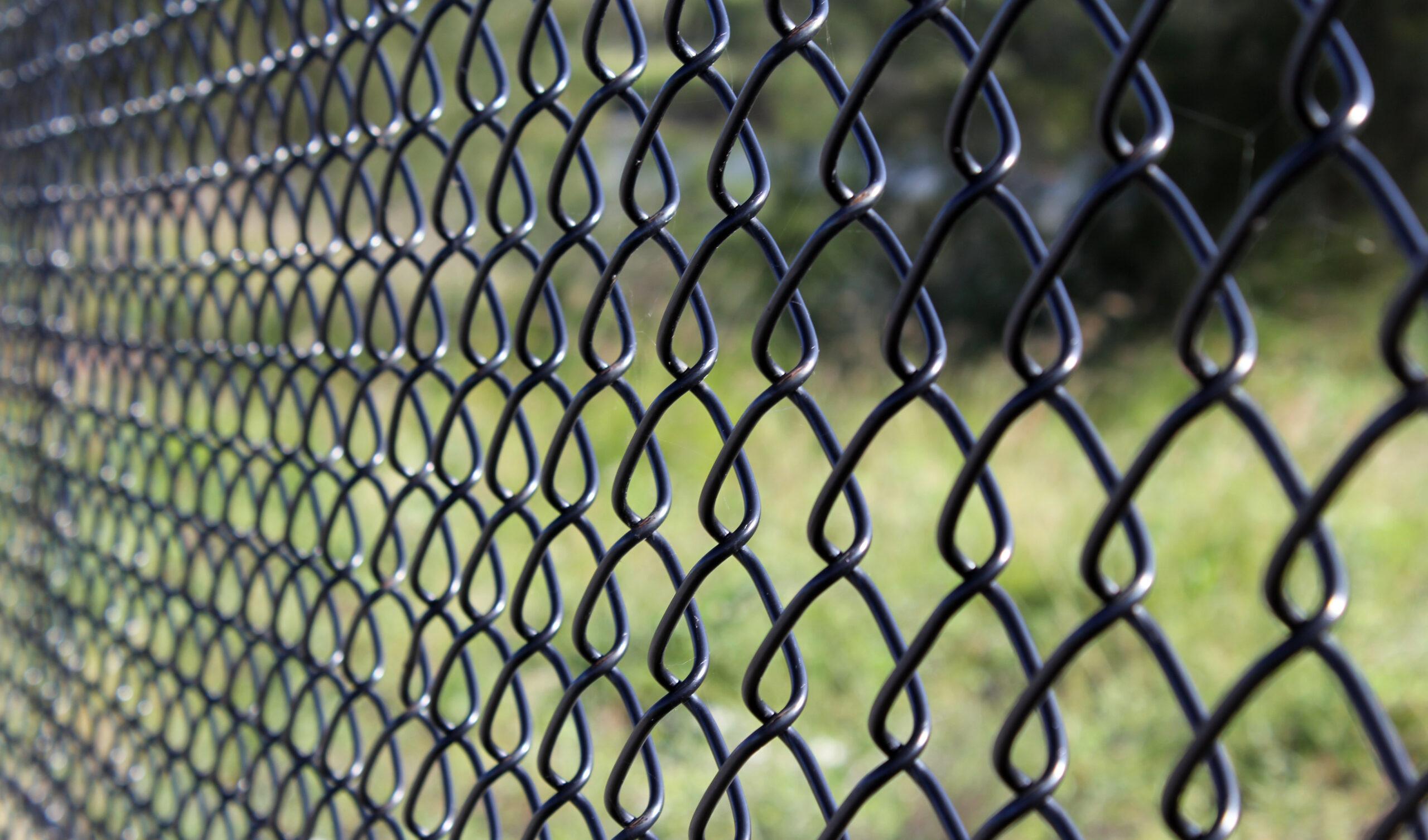 Close Up View Of A Black Chain Link Fence With Blu