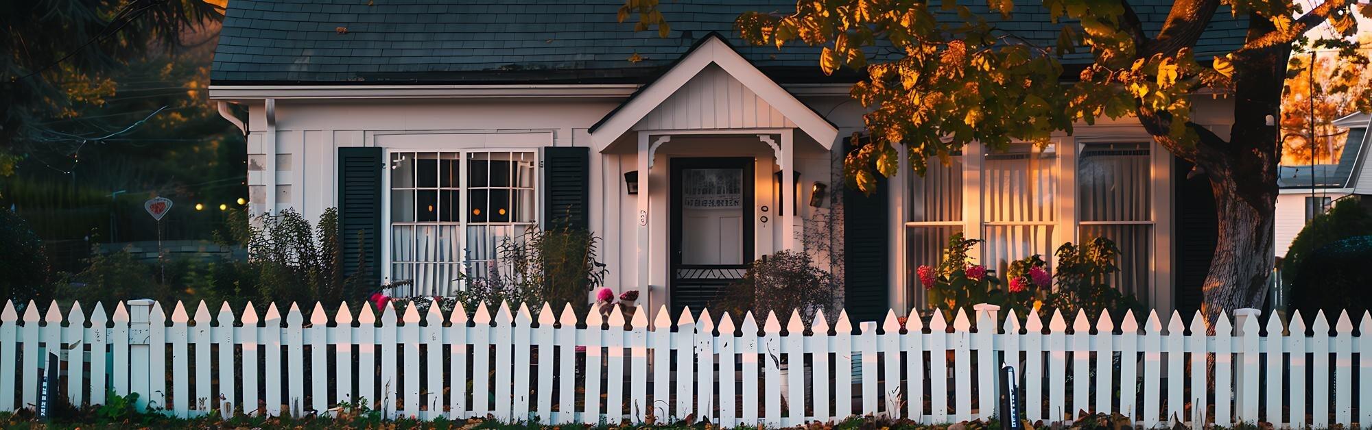 Luxury Home With White Picket Fence And Flower Gar