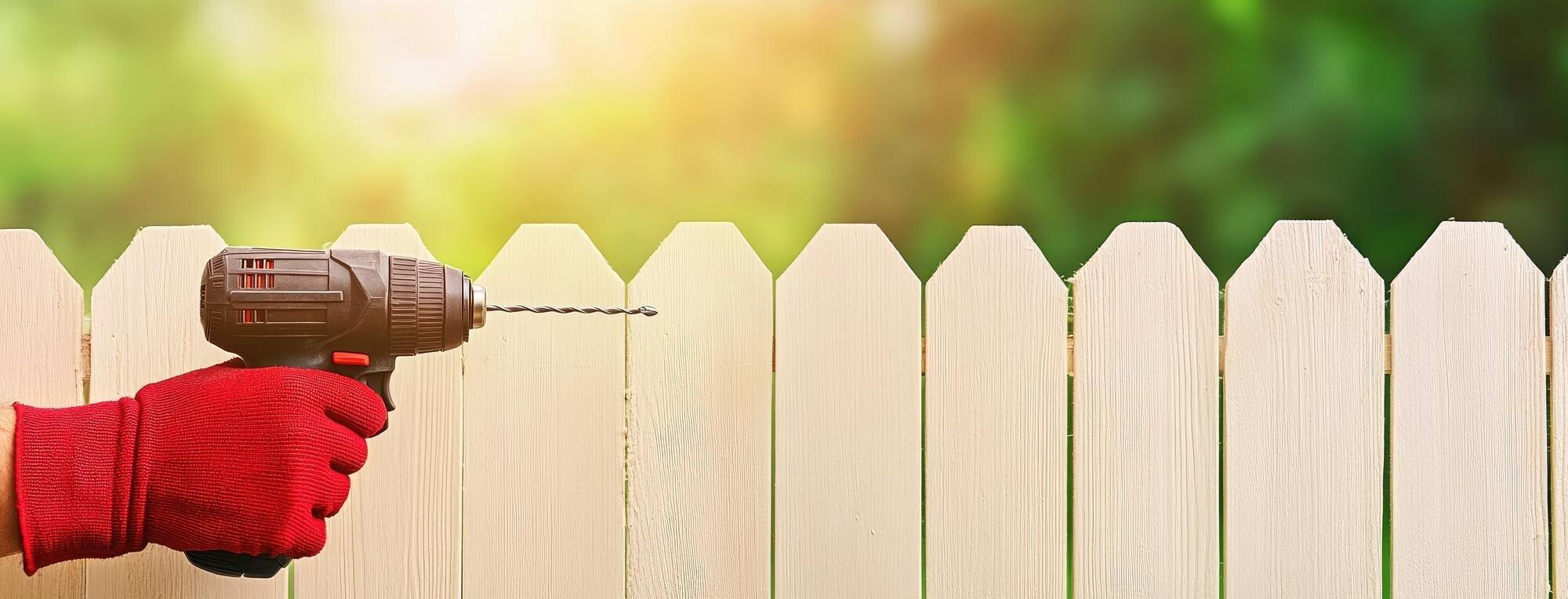 Man In Red Glove Drives Nail Into Wooden Fence Wit