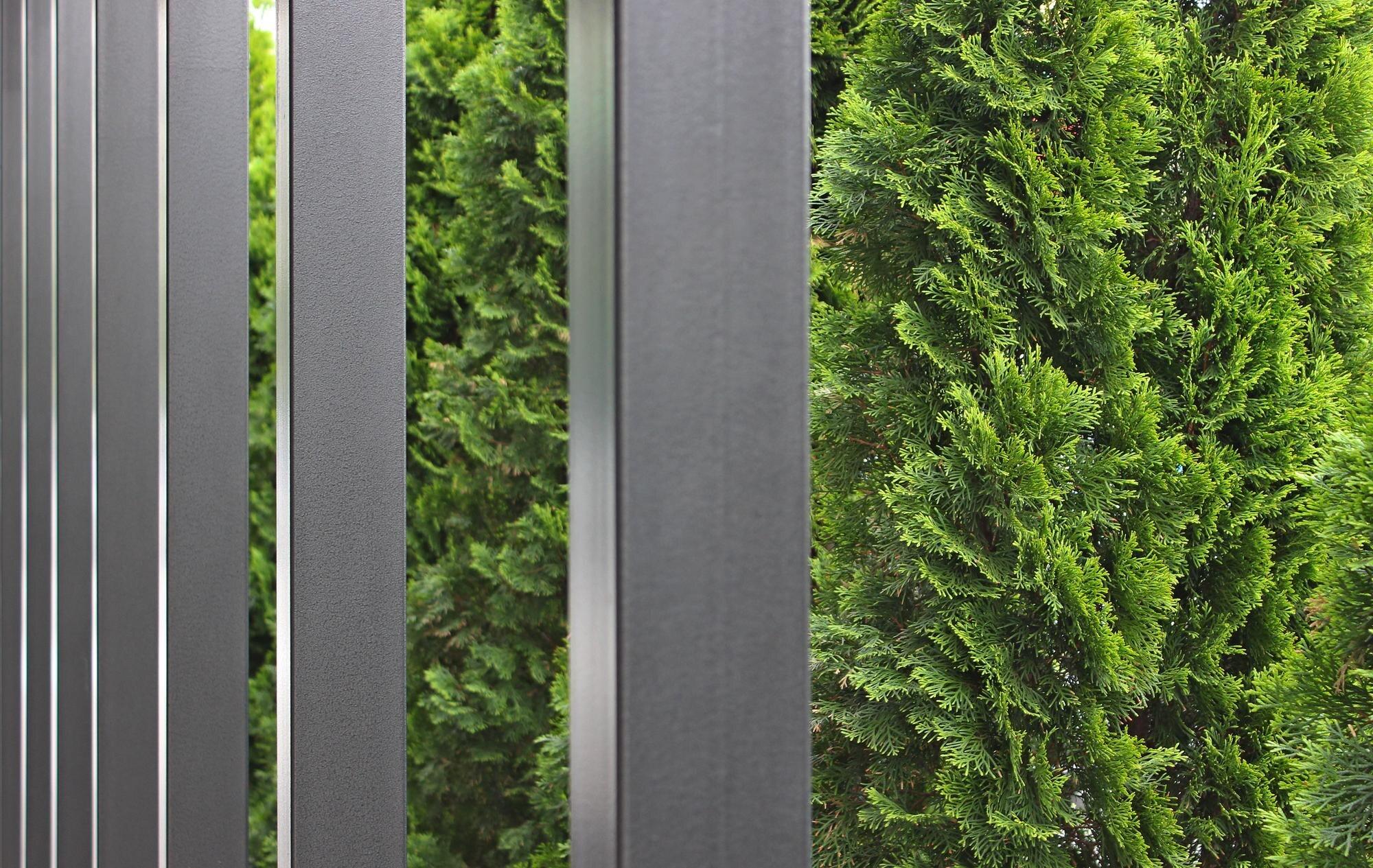 Metal Beams In Front Of Thuja Green Fence Supporti