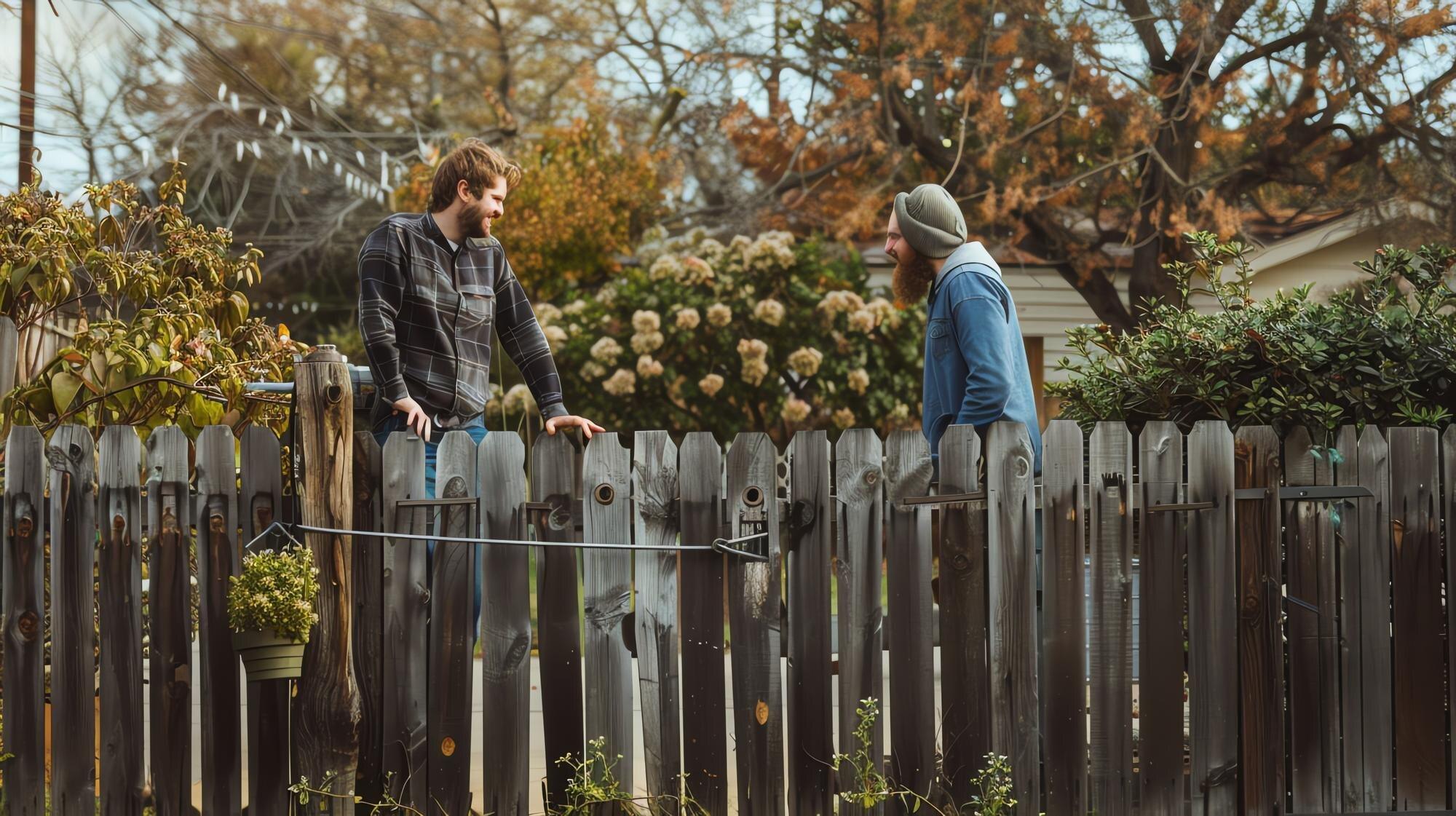 Two Men Chat Over A Fence Sharing A Laugh About So